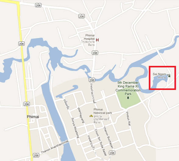 Map showing the location of the banyan tree in Phimai town, in Thailand