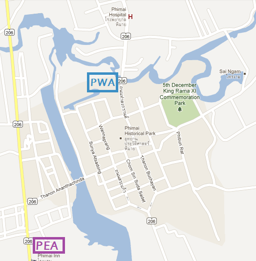 Map of utility company offices in Phimai town
